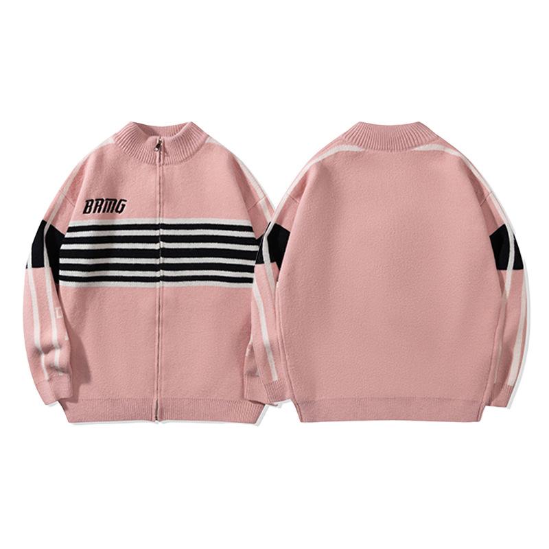 Three Stripes Striped Collar Jacket 2024 Autumn New Loose Retro Knitted Sweater Jacket