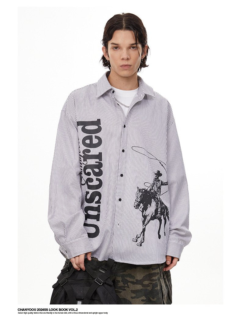American Style Retro Printed Vertical Stripe Shirt Autumn Fashion Brand Profile Loose All-match Long-sleeved Shirt