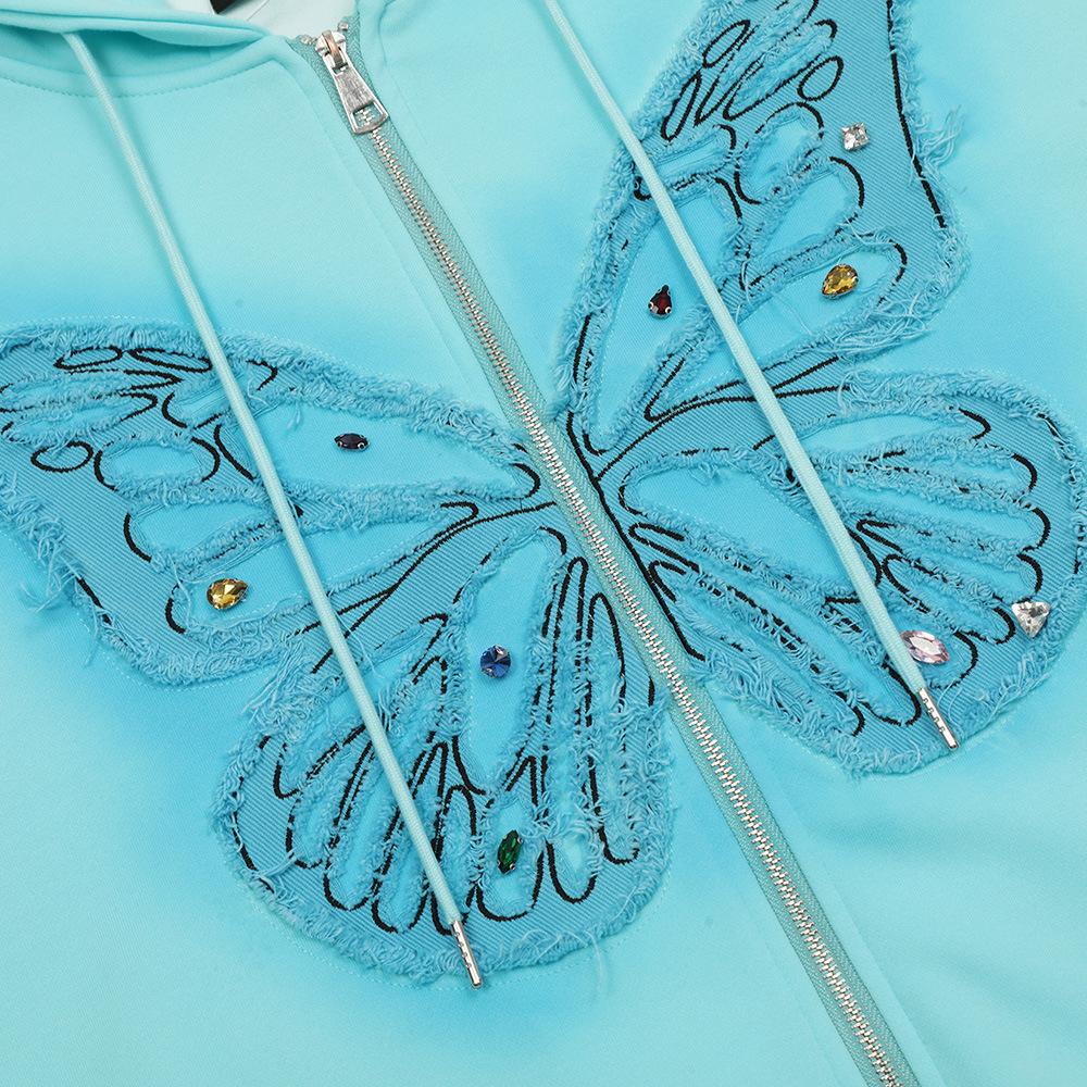 Street-blowing Trendy Butterfly Hot Drilling Patch Embroidered Loose Sweatshirt Men's And Women's Design Sense Casual Zipper Hooded Jacket