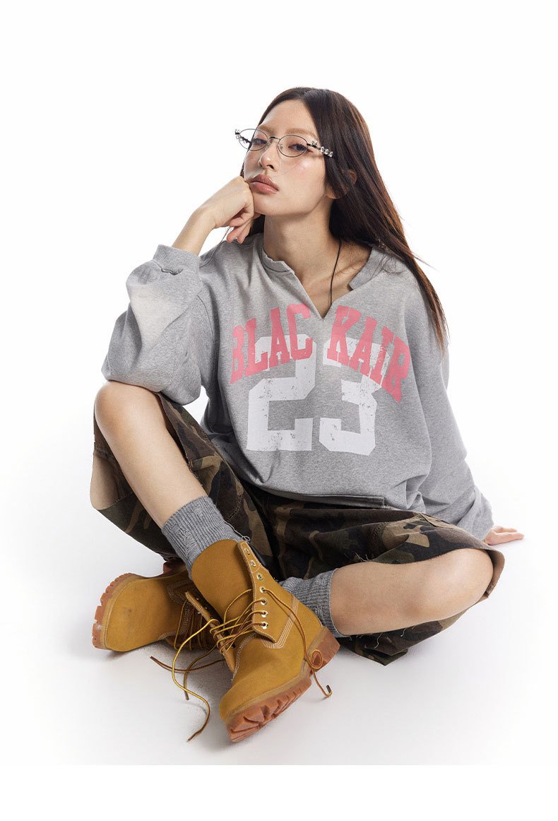 Autumn And Winter New American Style Retro Letter Printing Washed Old V-neck Pullover Sweat For Men And Women