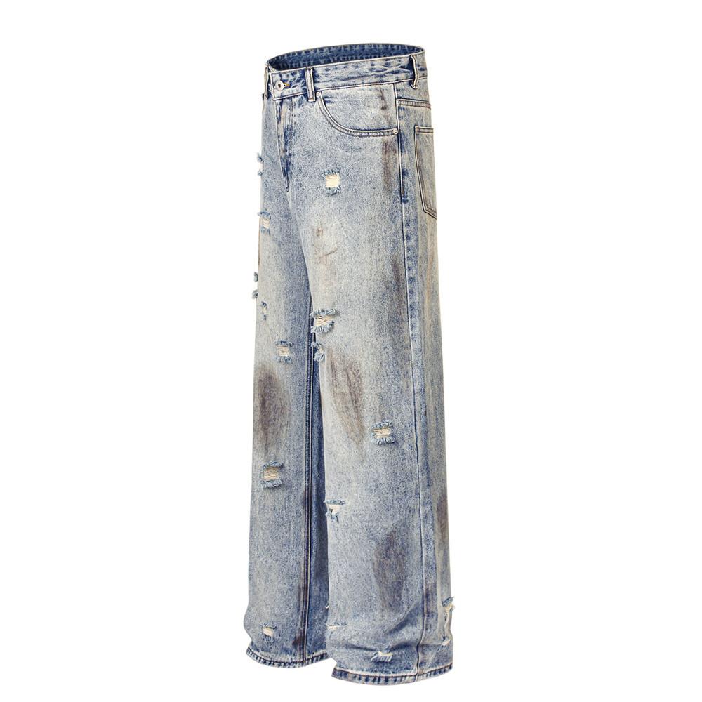 Dirty Dyed Washed Old Ripped Jeans Men's High Street American Style Fashion Brand Straight Pants Loose Wide-leg Long Pants