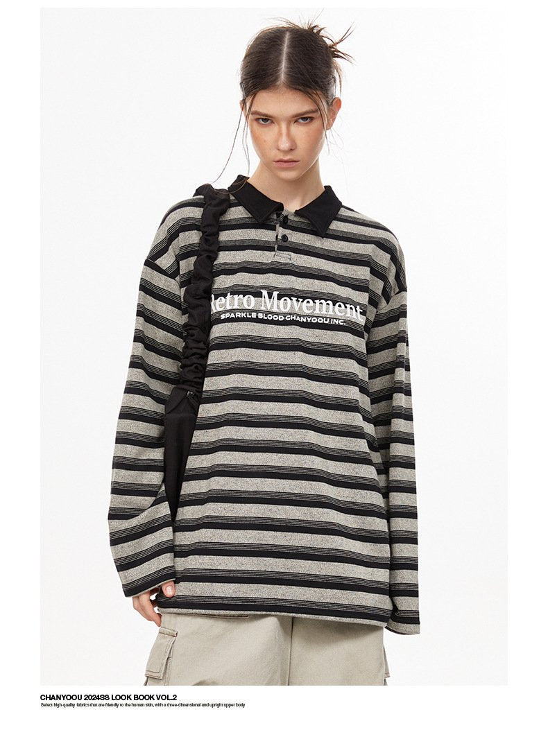 American Style Retro Striped Polo Collar Long-sleeved T-shirt Autumn Fashion Brand Loose All-match Lapel Couple Top