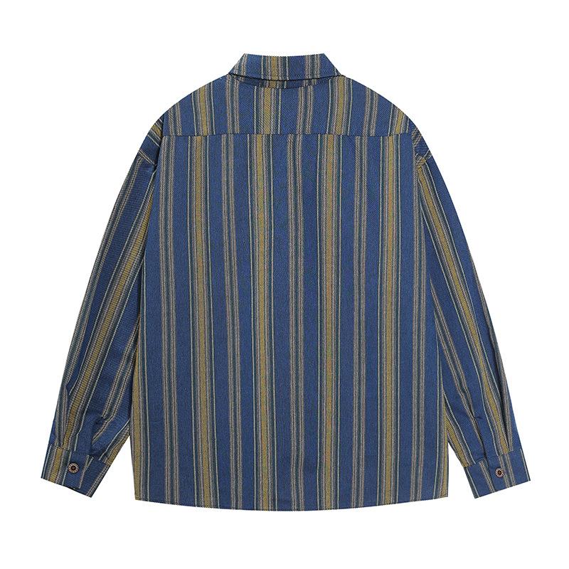 American Style Vintage Vintage Figure Embroidered Tie Vertical Stripe Long Sleeve Shirt Men's Trendy Brand Shirt
