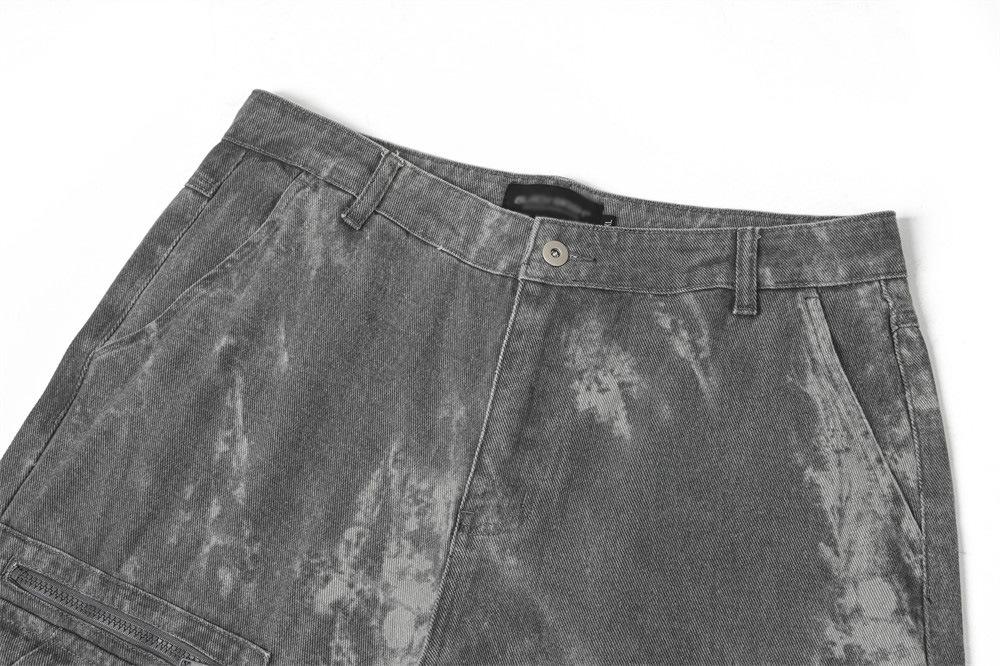 Tie-Dye Contrast Multi-Pocket Crane Pants Men's Loose Street Fashion Pleated Casual Straight Pants Wide-Leg Pants