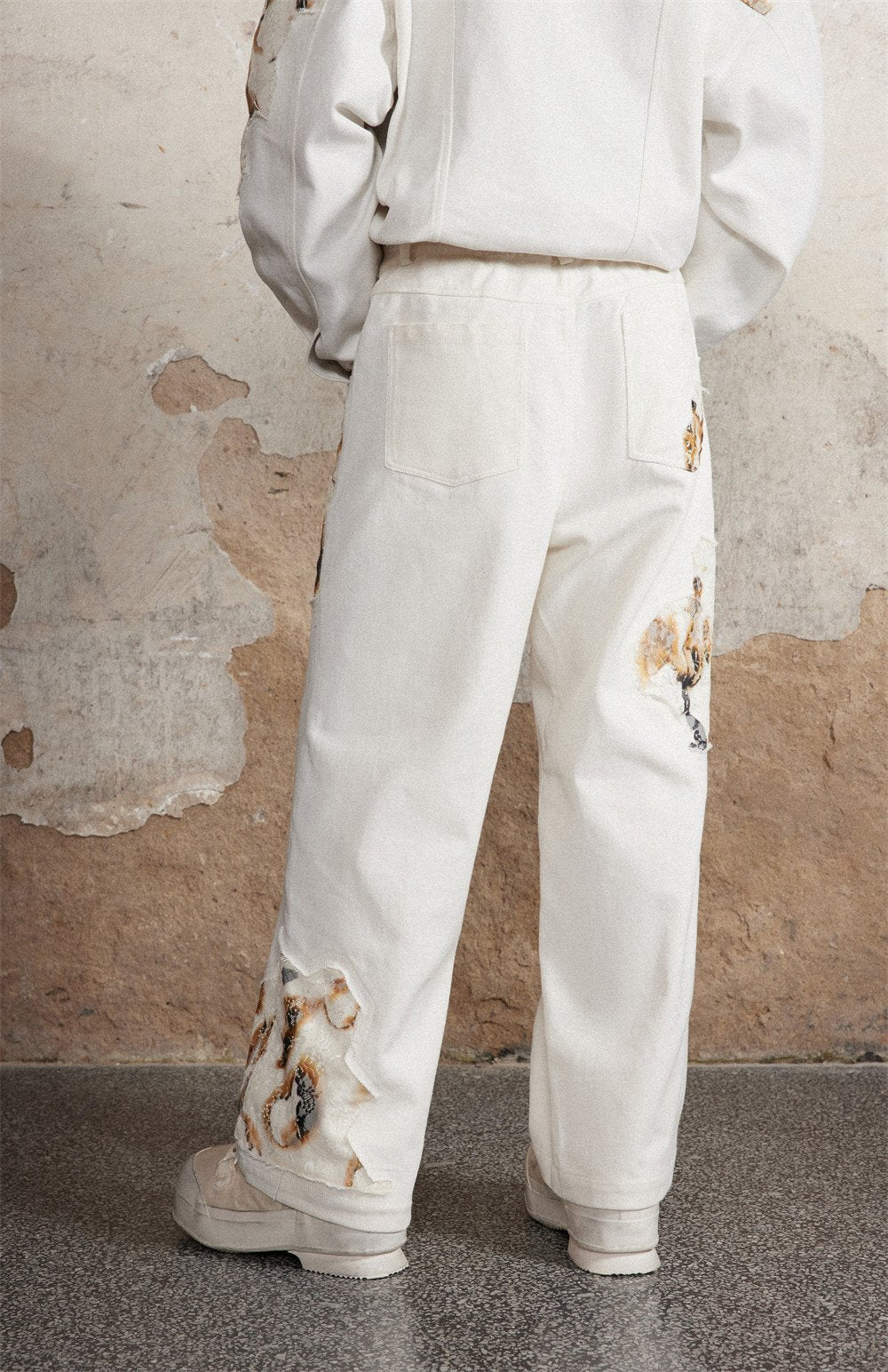 Lace Hollow Stitching Denim Straight Leg Pants Men's Trendy Brand Fashion Design Sense Personalized Loose Wide Leg Casual Pants