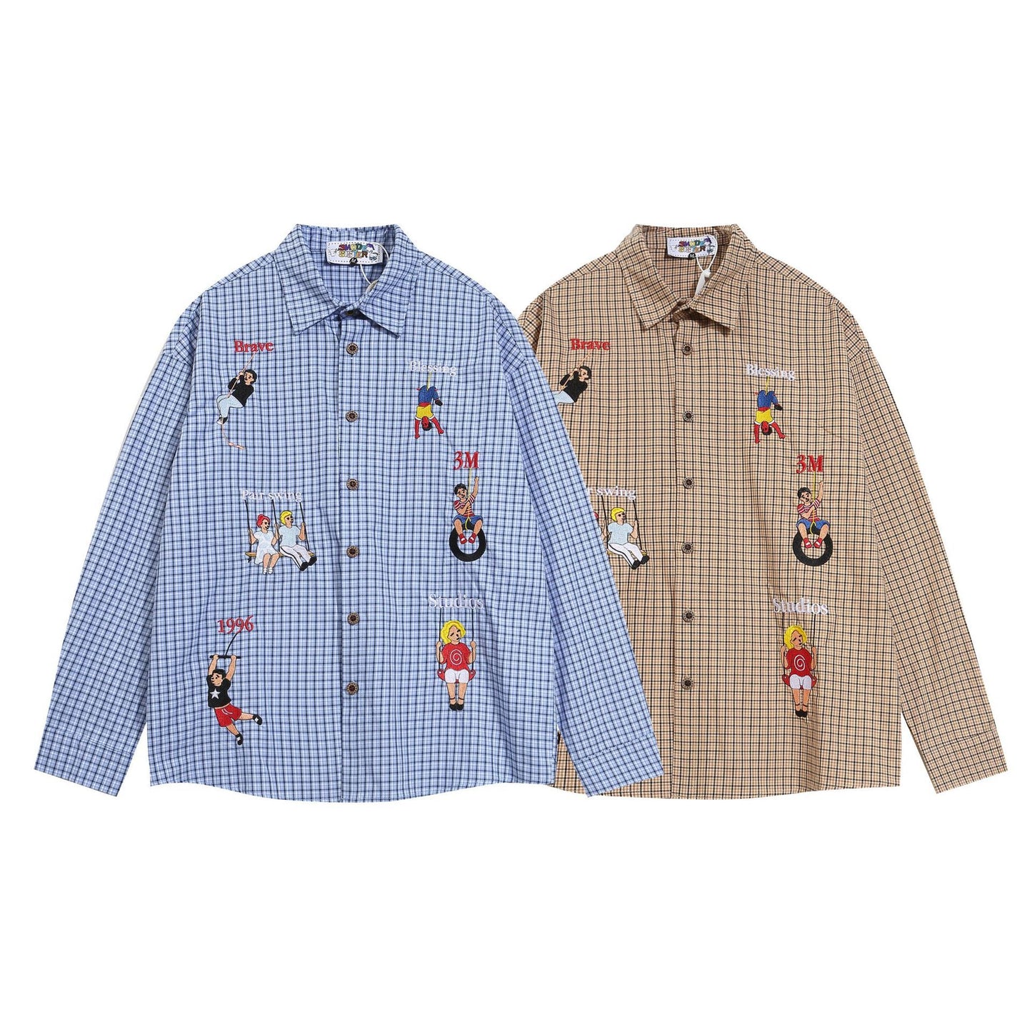 American Vintage Figure Embroidered Plaid Long Sleeve Shirt Men's And Women's Autumn Loose Casual Shirt Jacket