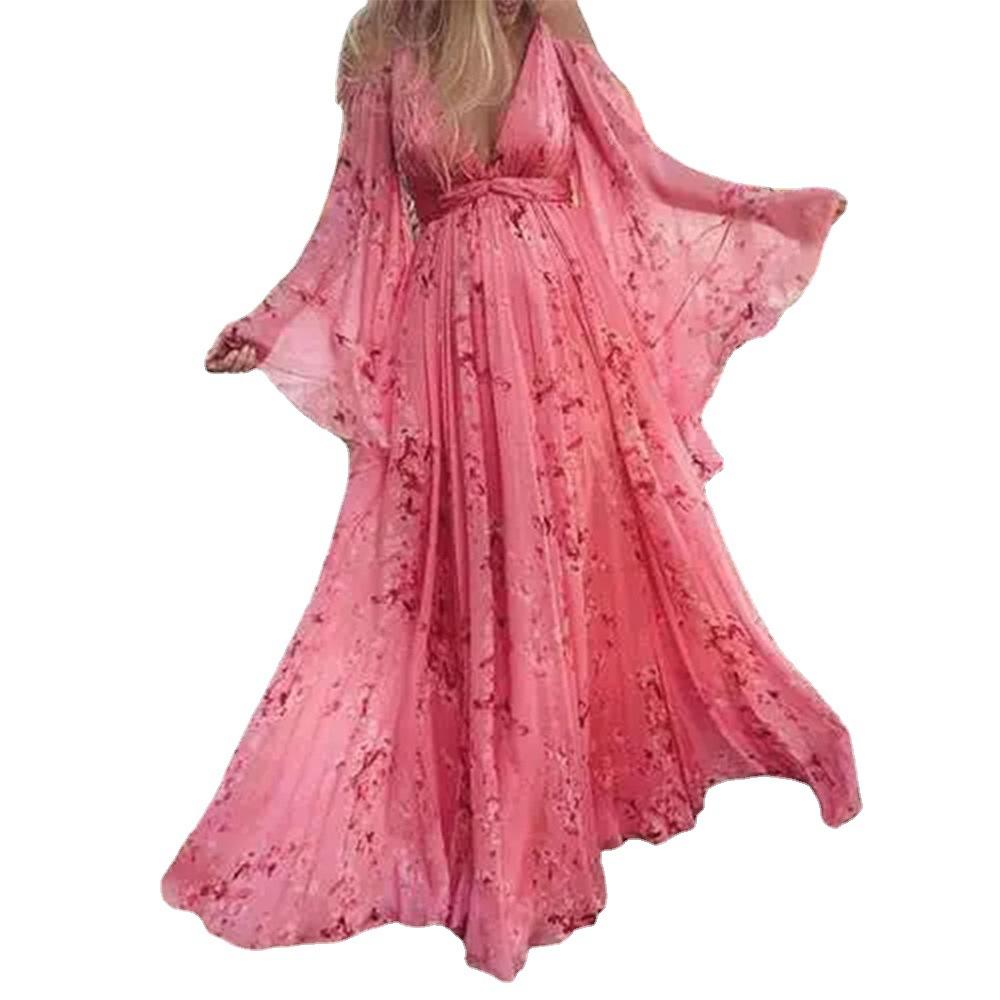 AB05SC 2023 New Sling Deep V-neck Printed Sexy Bat Sleeve Pleated Mopping Dress Pregnant Women's Dress Upper And Lower Linths