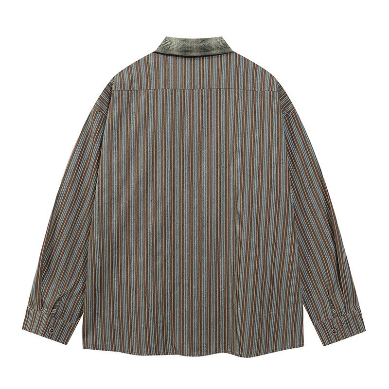 Vintage Hong Kong Style Cartoon Embroidered Vertical Stripe Long Sleeve Shirt Men's 2024 New Loose Shirt Jacket