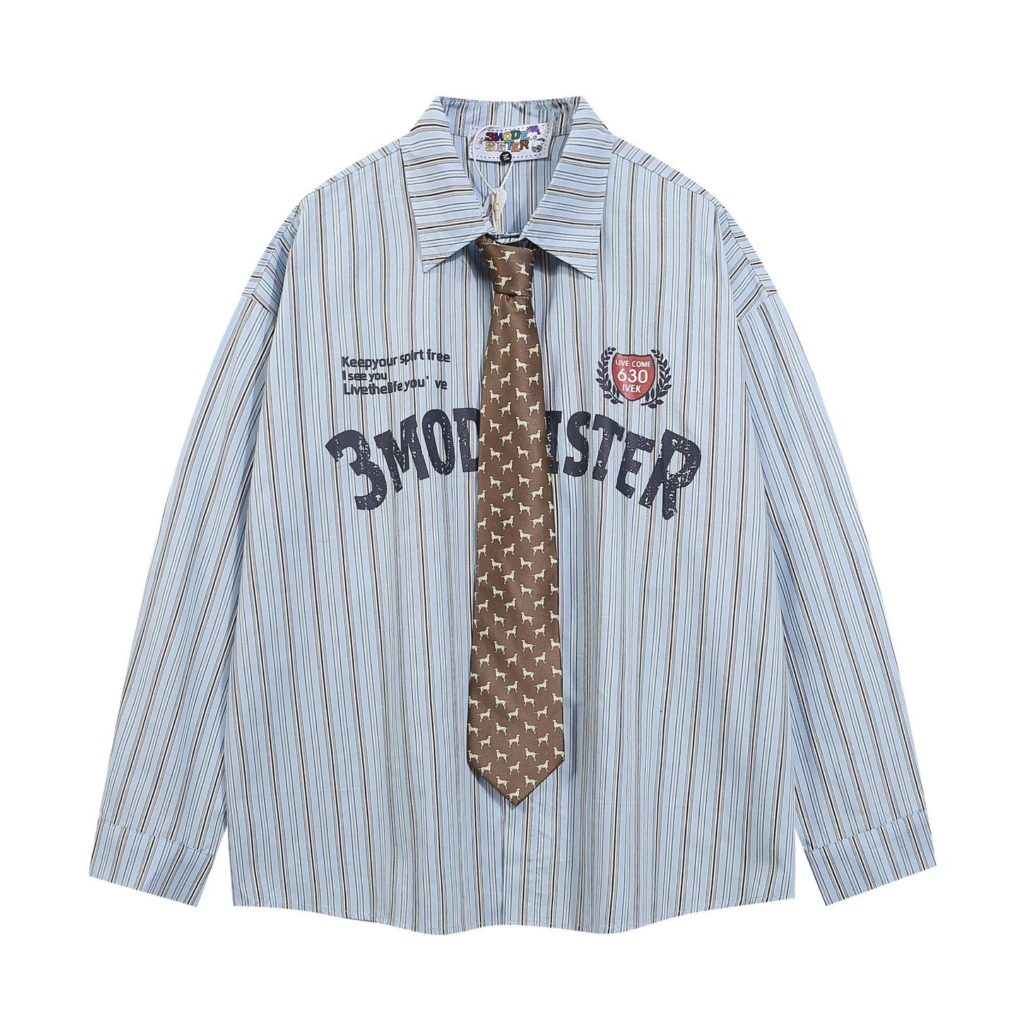 Tie Striped Long Sleeve Shirt 2024 Autumn New Loose Bf American Academy Style Couple Top