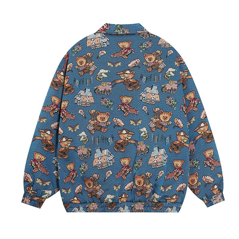 National Fashion Brand Full Printed Jacquard Lapel Autumn Jacket Men's And Women's Loose All-match Couple's College Style Jacket