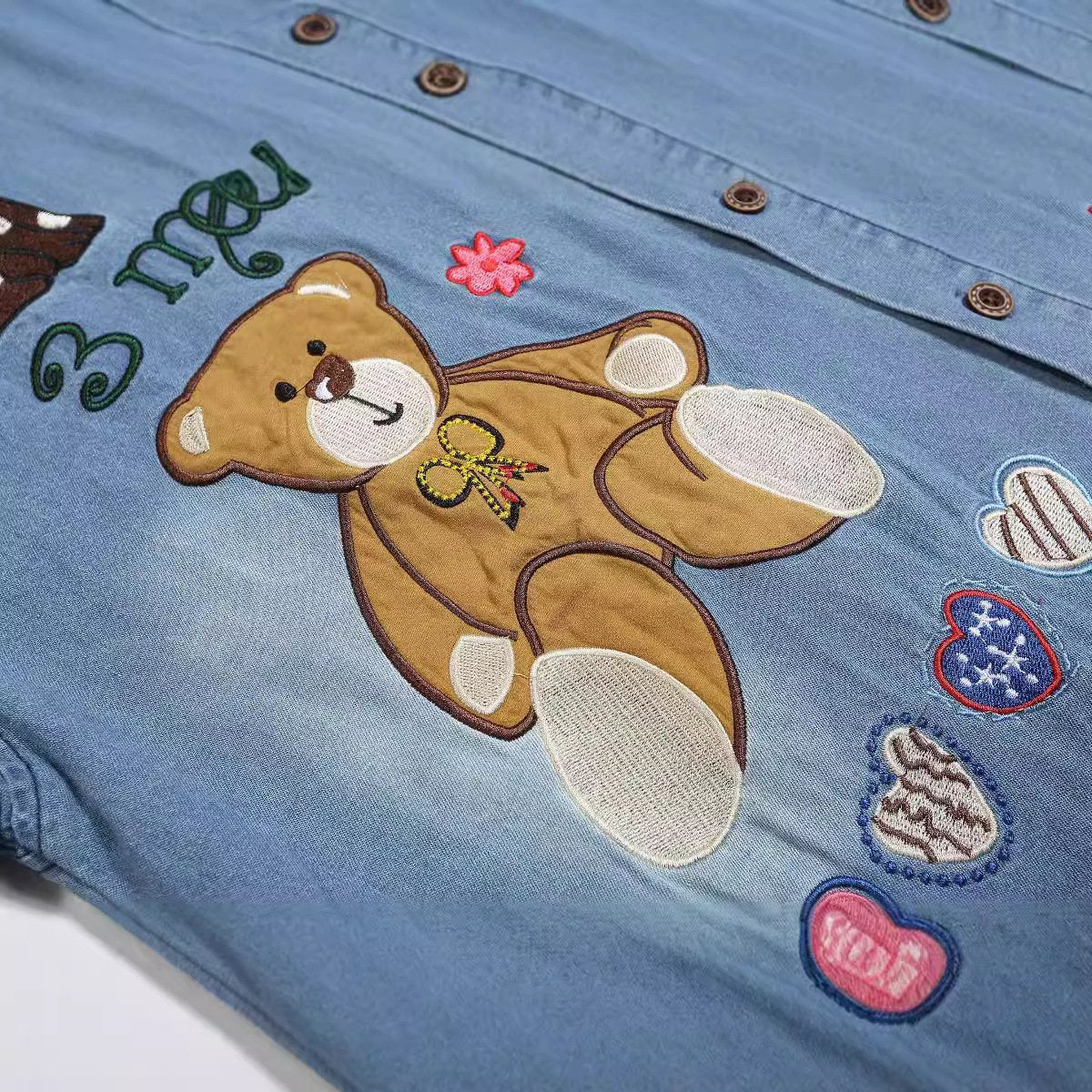 American Style Retro Fun Cartoon Embroidered Denim Long-sleeved Shirt Jacket Loose Casual All-match Couple