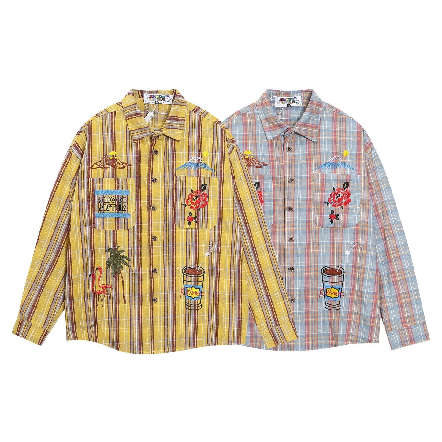 American Style Retro Embroidered Contrast Color Striped Long Sleeve Shirt Autumn Loose Casual Ins Couple Shirt
