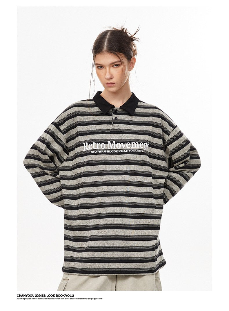American Style Retro Striped Polo Collar Long-sleeved T-shirt Autumn Fashion Brand Loose All-match Lapel Couple Top