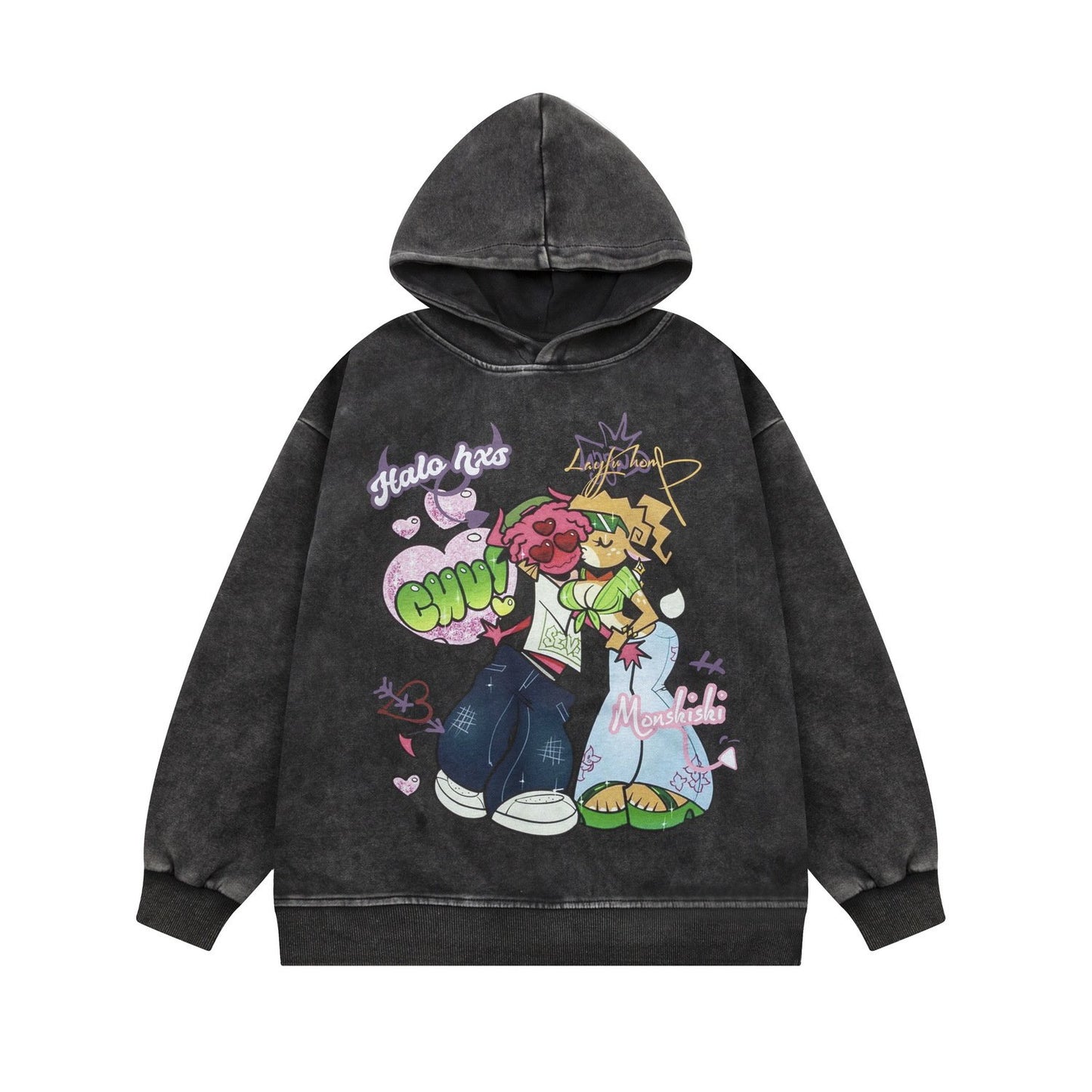 American Style Vintage Washed Old Cartoon Printed Hooded Sweatshirt Men's And Women's Loose Couple Top