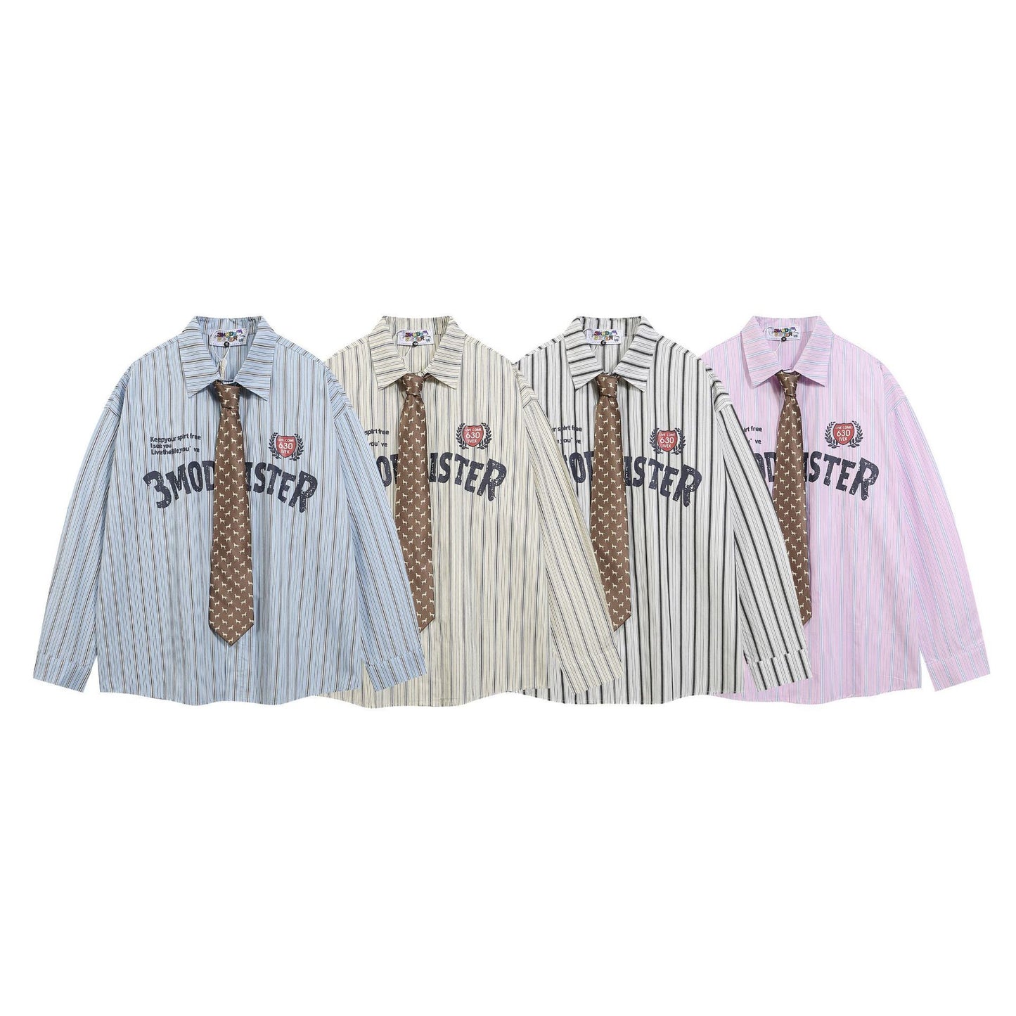 Tie Striped Long Sleeve Shirt 2024 Autumn New Loose Bf American Academy Style Couple Top