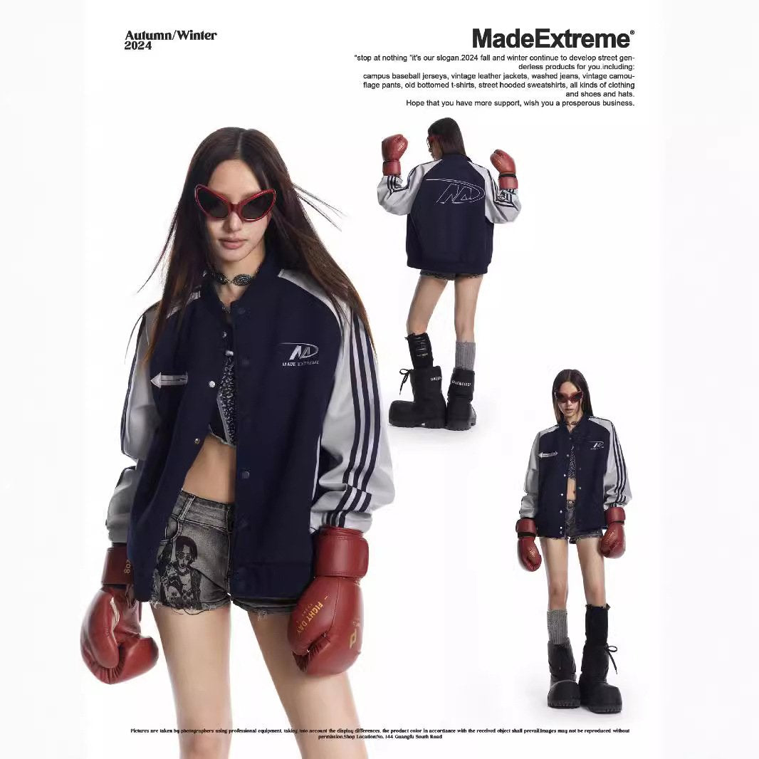 Autumn And Winter American Retro Color-block Pu Leather Sleeve Street Jacket Sports Baseball Suit Jacket For Men And Women