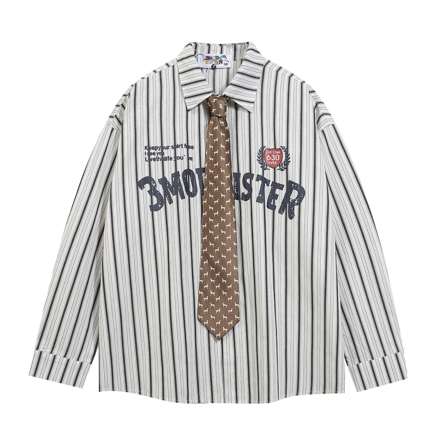 Tie Striped Long Sleeve Shirt 2024 Autumn New Loose Bf American Academy Style Couple Top
