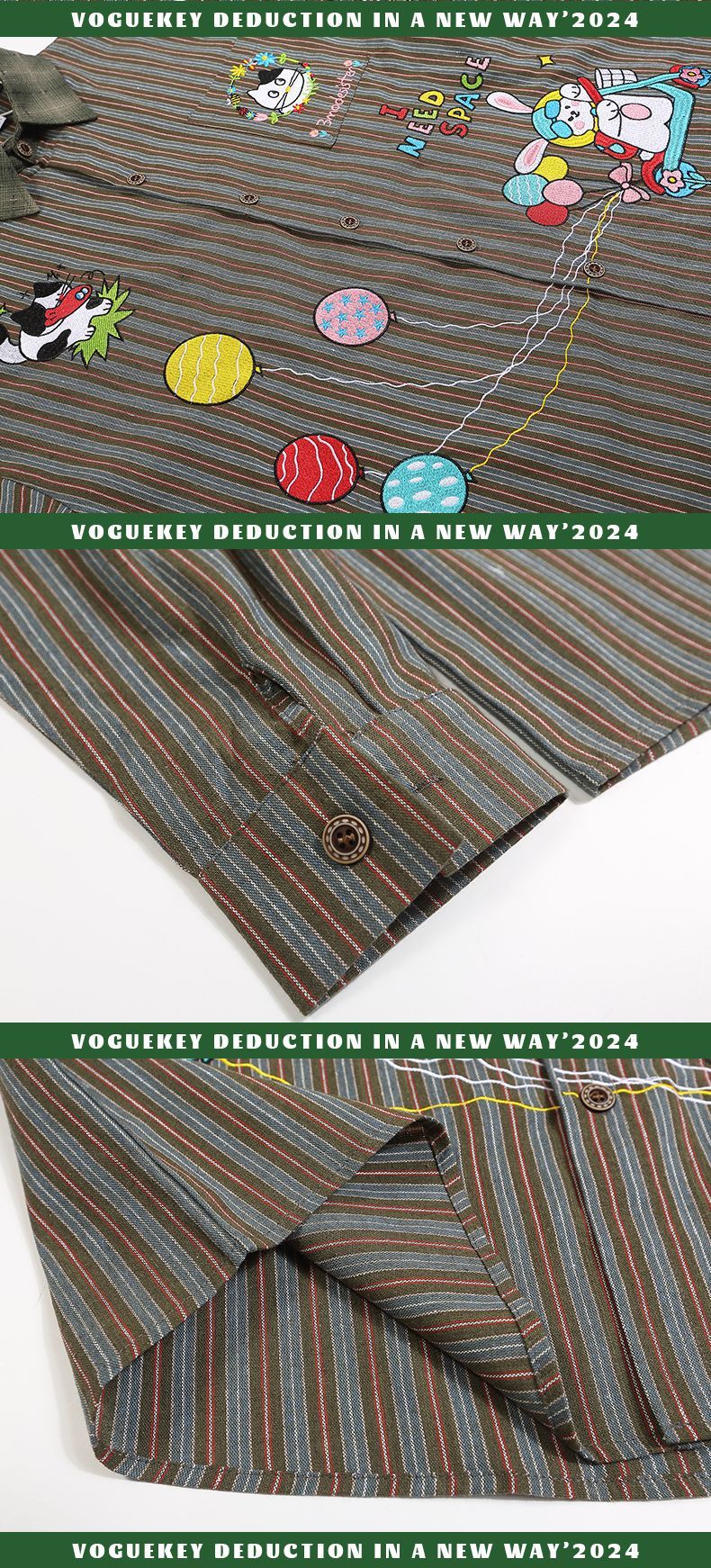 Vintage Hong Kong Style Cartoon Embroidered Vertical Stripe Long Sleeve Shirt Men's 2024 New Loose Shirt Jacket