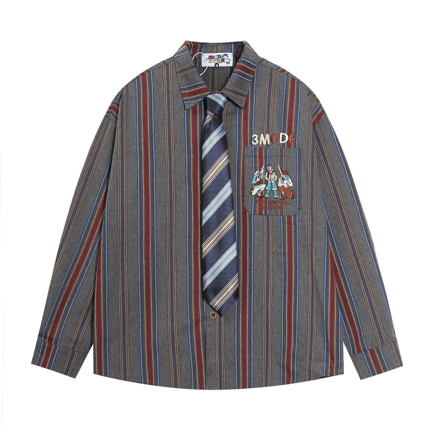 American Style Vintage Vintage Figure Embroidered Tie Vertical Stripe Long Sleeve Shirt Men's Trendy Brand Shirt