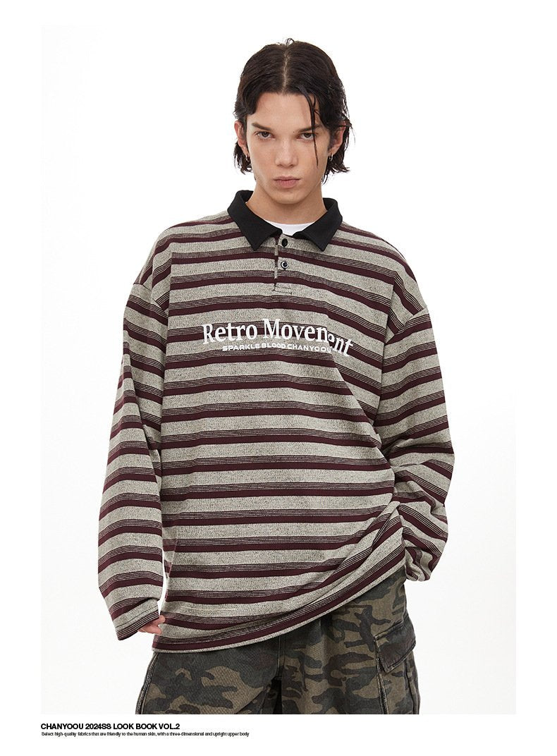 American Style Retro Striped Polo Collar Long-sleeved T-shirt Autumn Fashion Brand Loose All-match Lapel Couple Top