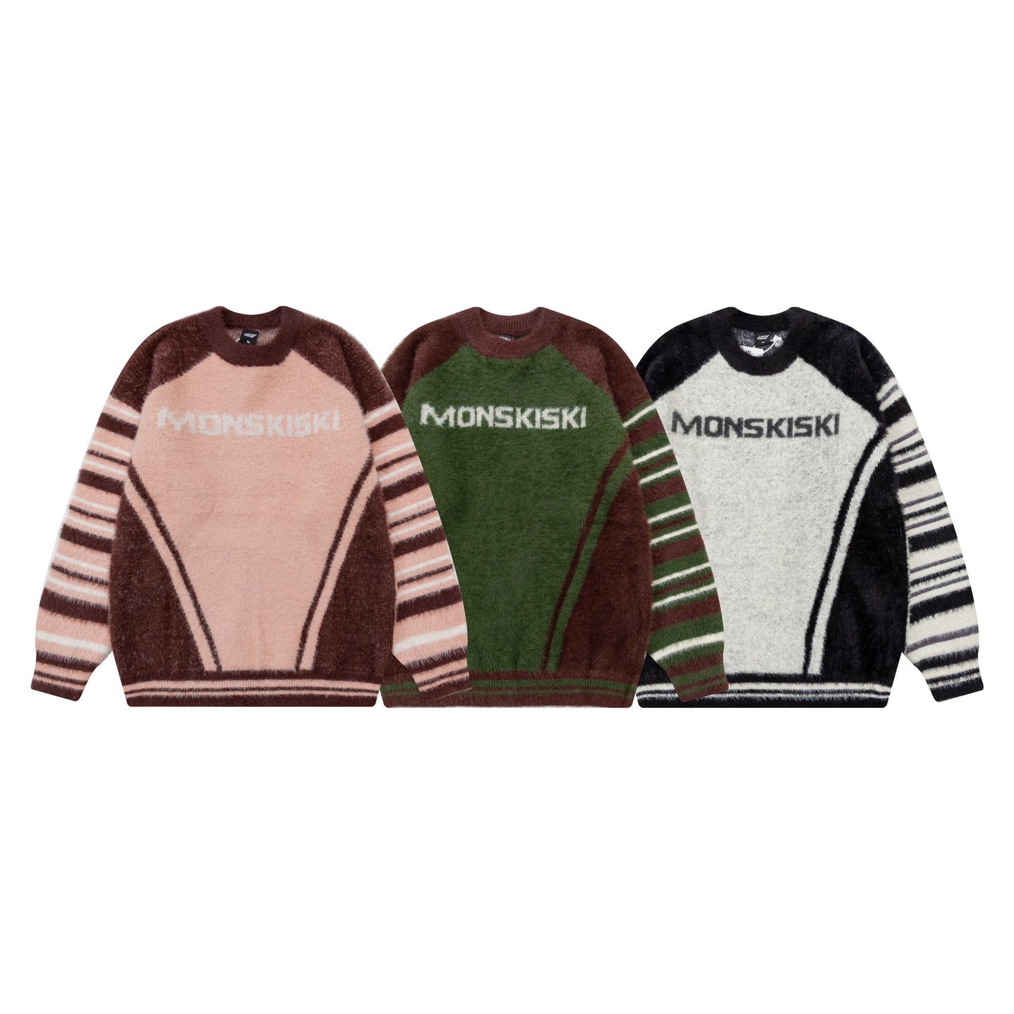 American Retro Winter Pullover Sweater Round Neck Raglan Sleeve Color Blocked Letter Jacquard Soft Knit Sweater