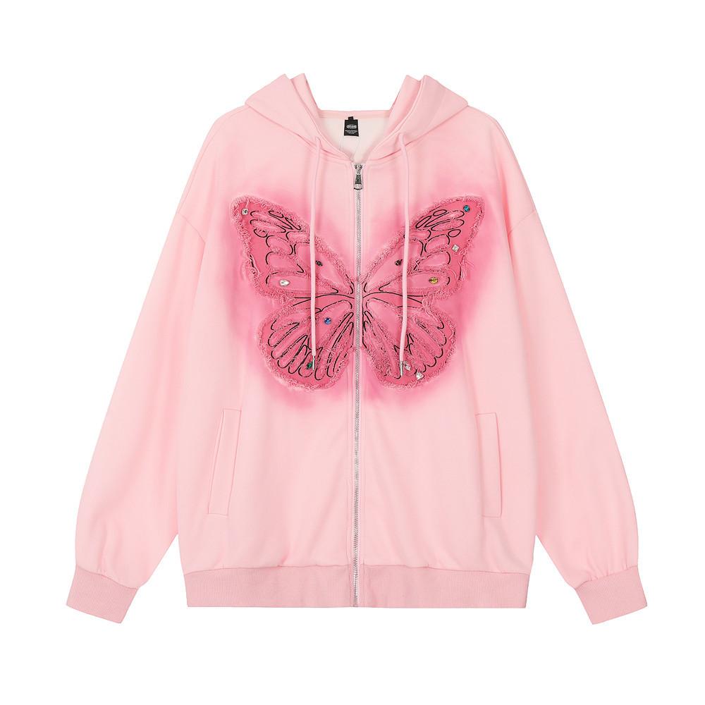 Street-blowing Trendy Butterfly Hot Drilling Patch Embroidered Loose Sweatshirt Men's And Women's Design Sense Casual Zipper Hooded Jacket