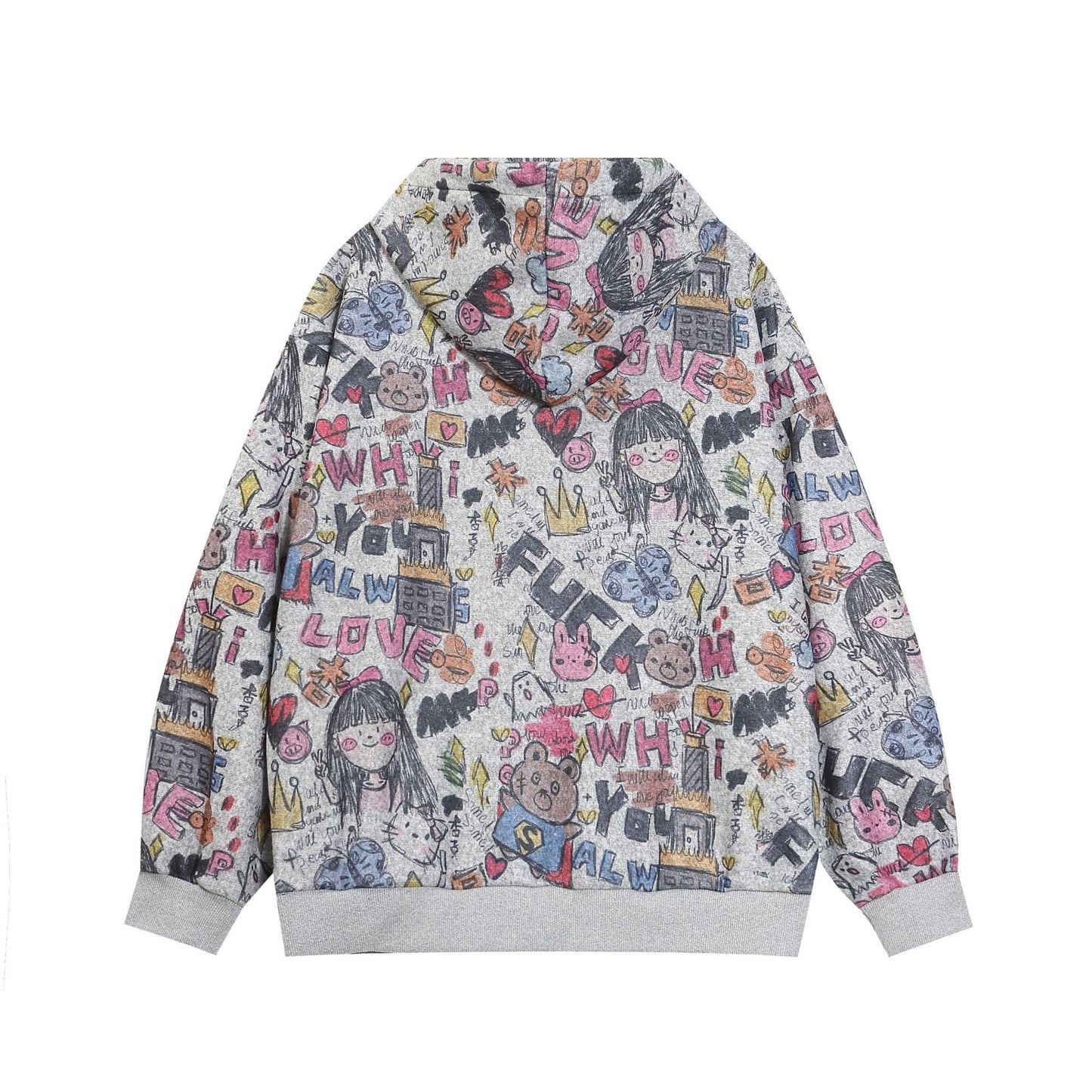 American Style Trendy Brand Fun Graffiti Print Cardigan Hoodie Women's Loose College Style Couple's Coat