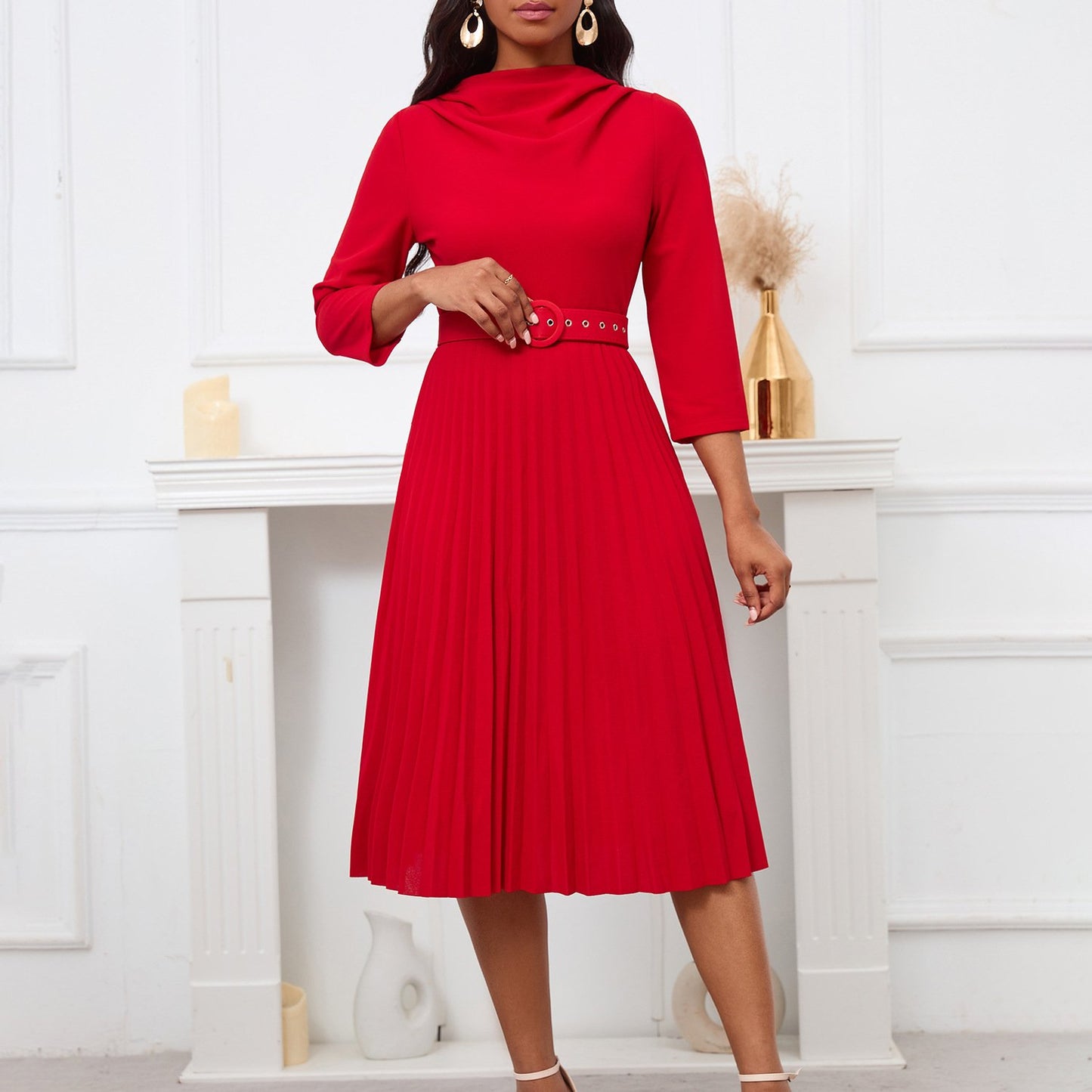 AB10ATE D459 New European And American Cross-border Women's Fashion Elegant Pleated Skirt Elegant Solid Color Plus Size Foreign Trade Dress