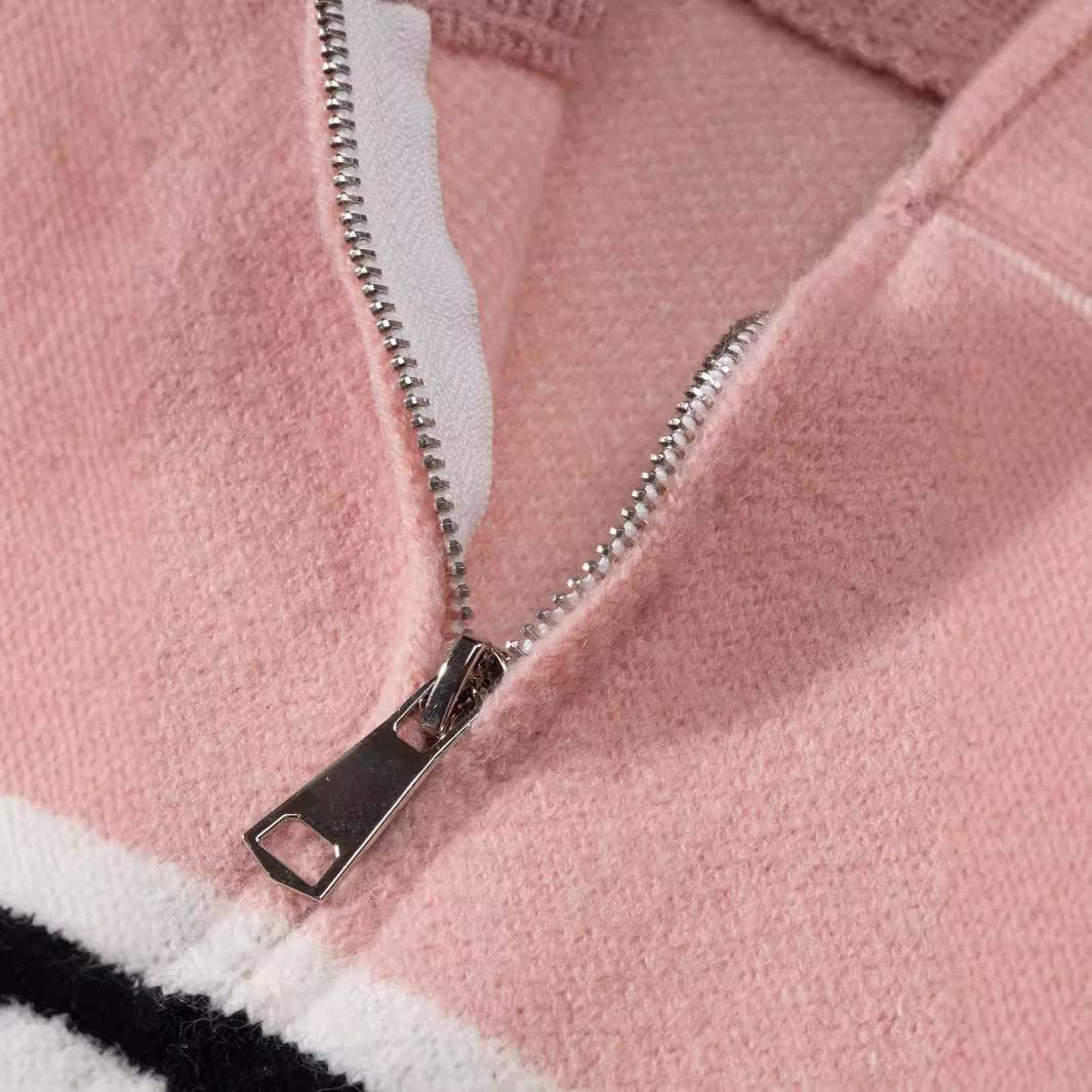 Three Stripes Striped Collar Jacket 2024 Autumn New Loose Retro Knitted Sweater Jacket