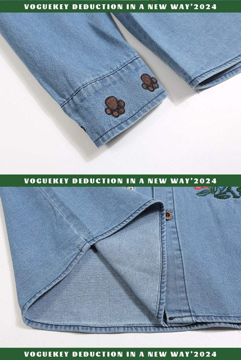 American Style Retro Fun Cartoon Embroidered Denim Long-sleeved Shirt Jacket Loose Casual All-match Couple
