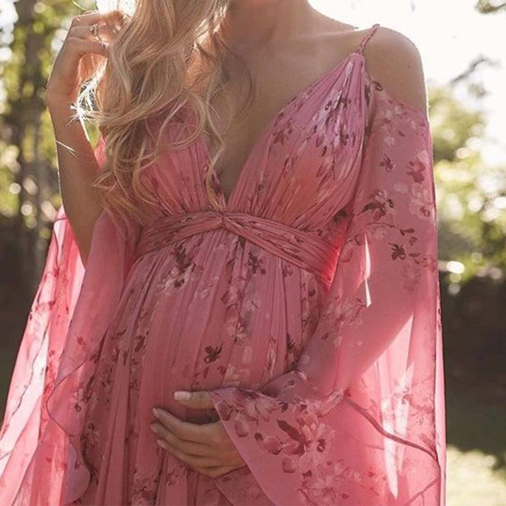 AB05SC 2023 New Sling Deep V-neck Printed Sexy Bat Sleeve Pleated Mopping Dress Pregnant Women's Dress Upper And Lower Linths