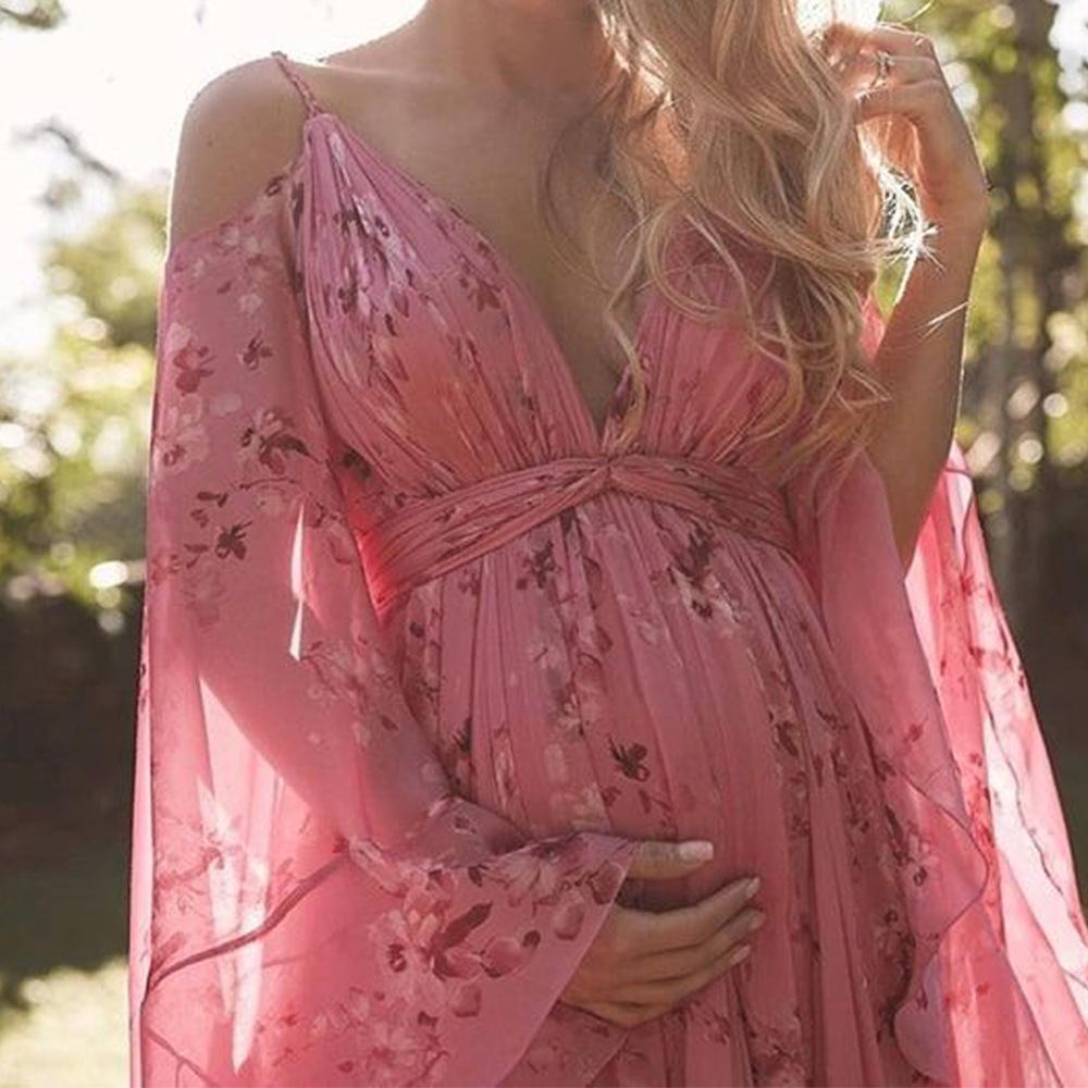 AB05SC 2023 New Sling Deep V-neck Printed Sexy Bat Sleeve Pleated Mopping Dress Pregnant Women's Dress Upper And Lower Linths