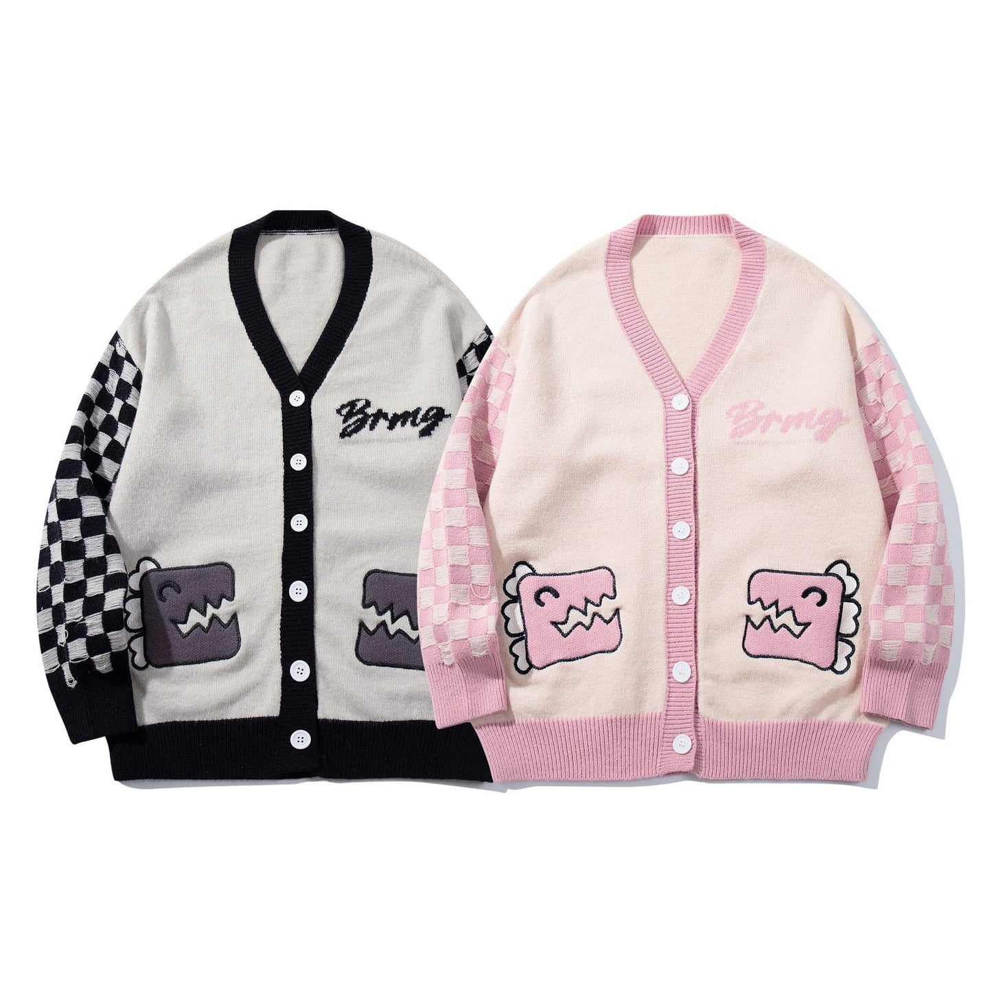 Academy Style Chessboard Stitching Cardigan Sweater Men's And Women's Loose Lazy Style Couple's Sweater Jacket