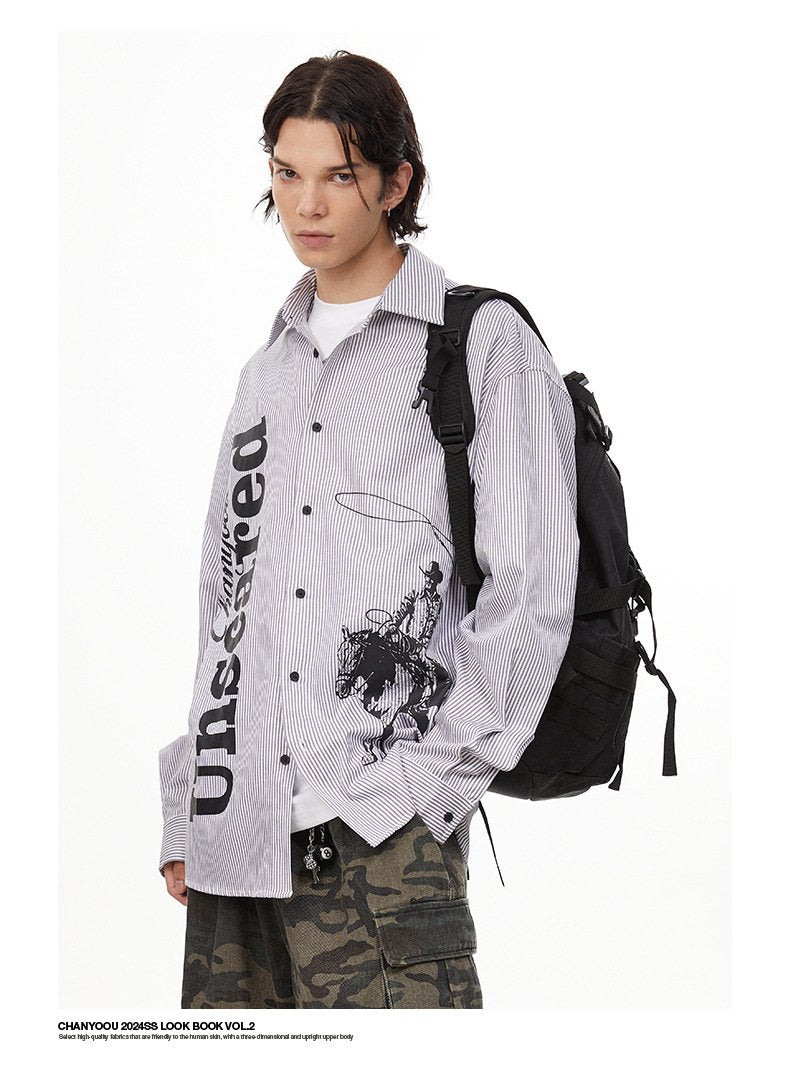 American Style Retro Printed Vertical Stripe Shirt Autumn Fashion Brand Profile Loose All-match Long-sleeved Shirt