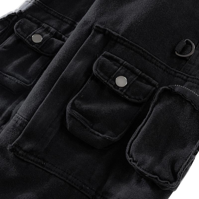 Men's Women's Autumn And Winter Urban Black Multi-Pocket Wide-Leg Trousers Unisex High Street Casual Jeans