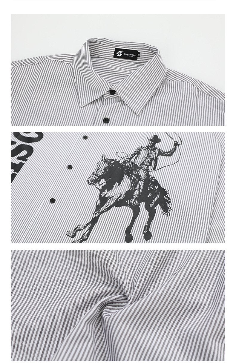 American Style Retro Printed Vertical Stripe Shirt Autumn Fashion Brand Profile Loose All-match Long-sleeved Shirt