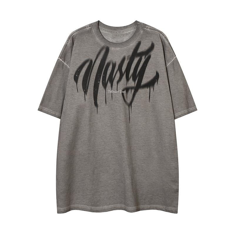 Washed Streetwear Letter Print Short Sleeve Crew Neck Summer Trendy Tee Simple Loose Cotton Casual