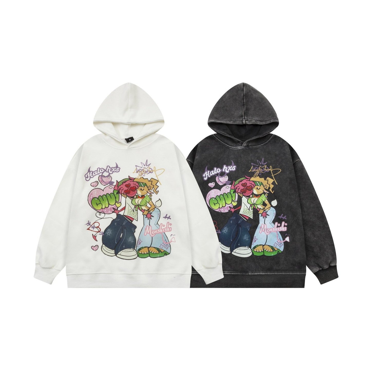 American Style Vintage Washed Old Cartoon Printed Hooded Sweatshirt Men's And Women's Loose Couple Top