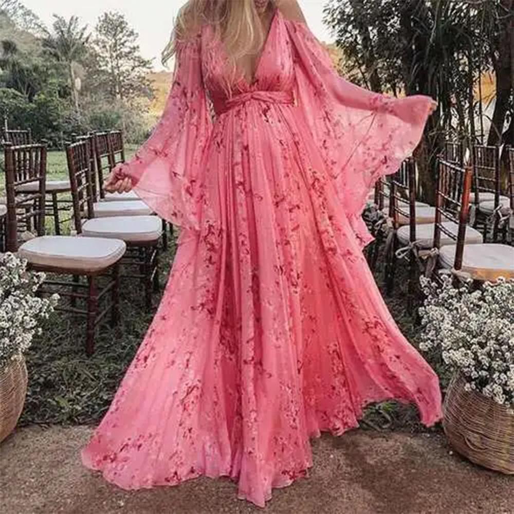 AB05SC 2023 New Sling Deep V-neck Printed Sexy Bat Sleeve Pleated Mopping Dress Pregnant Women's Dress Upper And Lower Linths