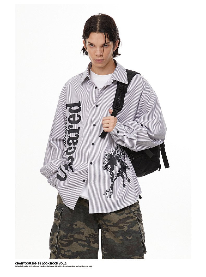 American Style Retro Printed Vertical Stripe Shirt Autumn Fashion Brand Profile Loose All-match Long-sleeved Shirt