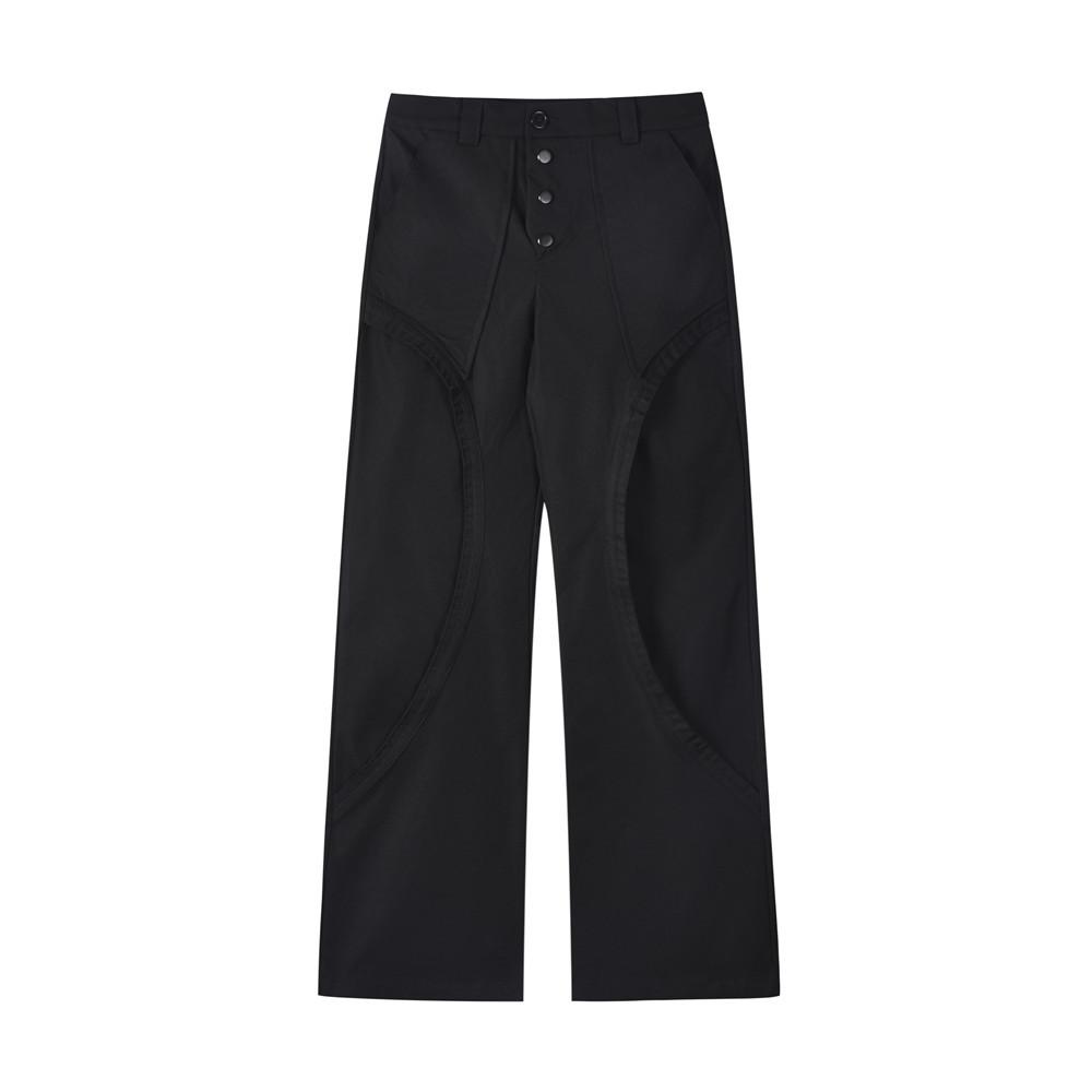 High Street Design Stitching Straight Casual Trousers Men's Trendy Fashion Personality Button Open Leg Pants