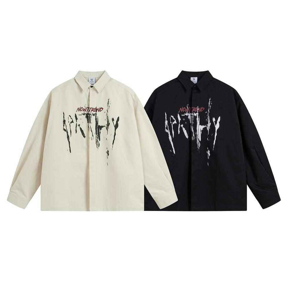High Street Dark Graffiti Letter Printing Long Sleeve Shirt Spring And Autumn Men's Casual Loose Lapel Japanese Style Shirt Trend