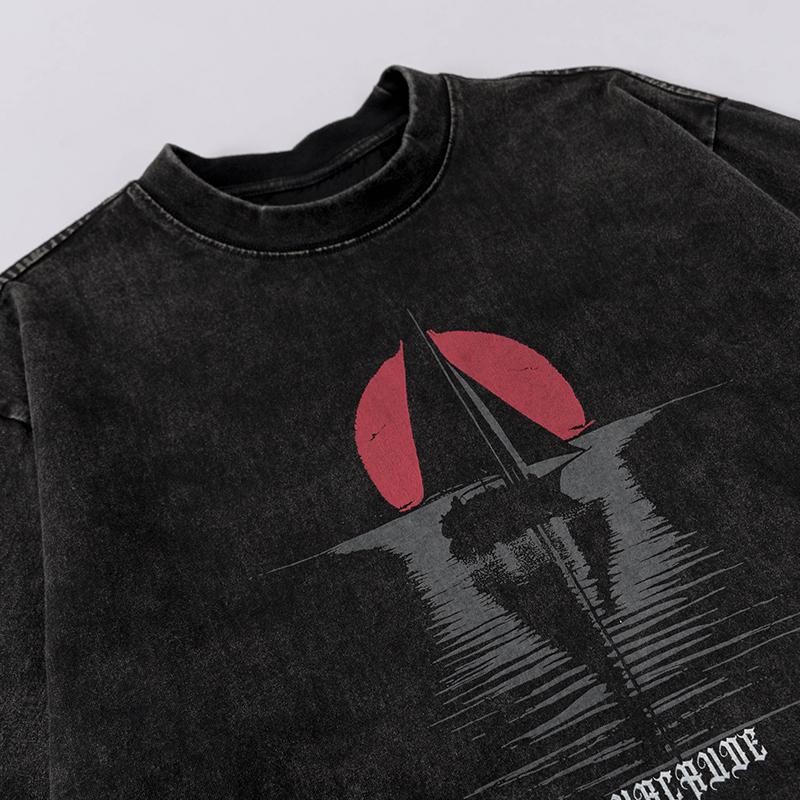 Streetwear Ship Graphic T Shirt Washed Loose Tees Hip Hop Fashion Summer Casual Top Short Sleeve Black