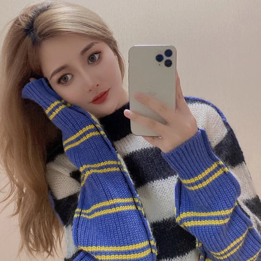 Women Loose Fashion Striped Stitching Sweater