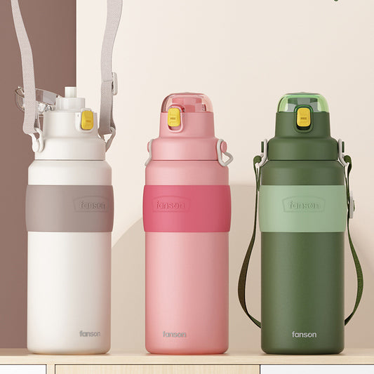 Stainless Steel Vacuum Flask With Strap And Large Capacity Water Bottle