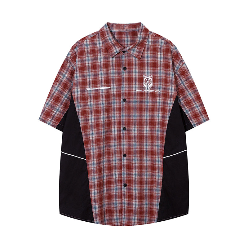 Plaid Polo Color Contrast Paneled Streetwear Short Sleeve Summer Casual Fashion Lapel Button