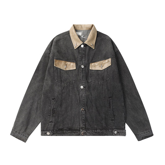 Contrast Color Leather Patchwork Lapel Pocket Denim Clothes Jacket