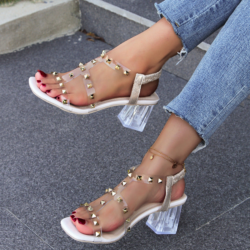 Women's Fashion Simple Square Head Chunky Heel High Heel Rivet Strap Sandals