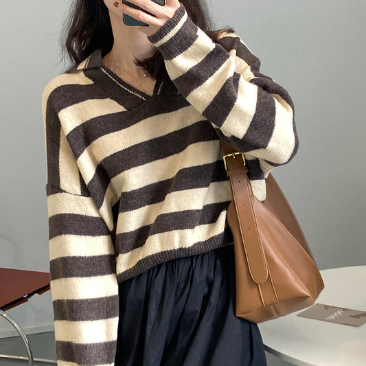 Lazy Style Striped Lapel Sweater Women