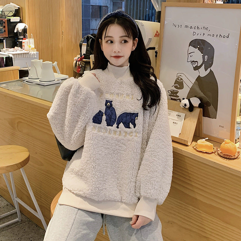 Retro bear embroidered turtleneck sweater women